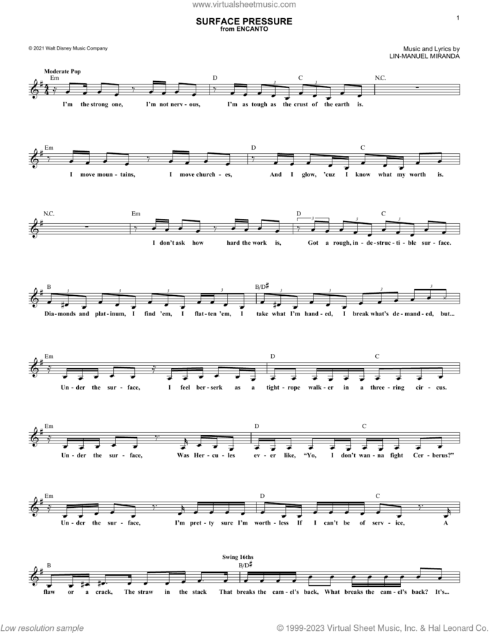 Surface Pressure (from Encanto) sheet music for voice and other instruments (fake book) by Lin-Manuel Miranda and Jessica Darrow, intermediate skill level