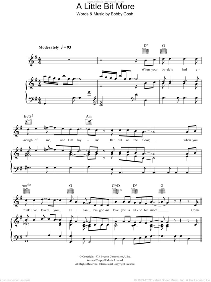 A Little Bit More sheet music for voice, piano or guitar by Dr. Hook and Bobby Gosh, intermediate skill level