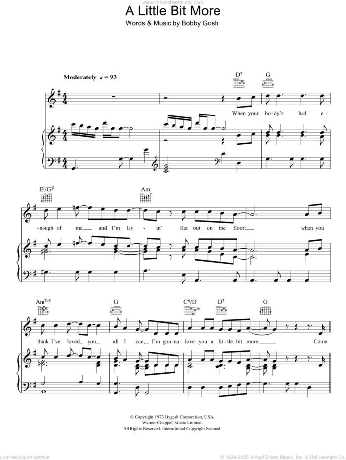 A Little Bit More sheet music for voice, piano or guitar by Dr. Hook and Bobby Gosh, intermediate skill level