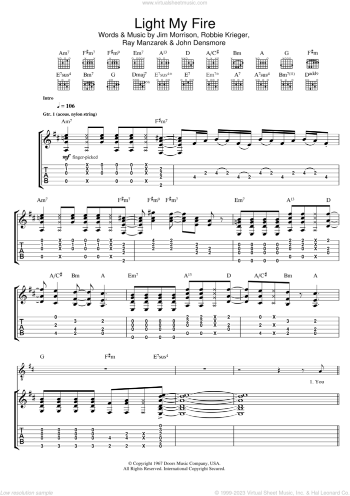 Light My Fire sheet music for guitar (tablature) by Jose Feliciano, Jim Morrison, John Densmore, Ray Manzarek and Robbie Krieger, intermediate skill level