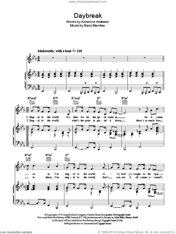 Daybreak sheet music for voice, piano or guitar by Barry Manilow and Adrienne Anderson, intermediate skill level