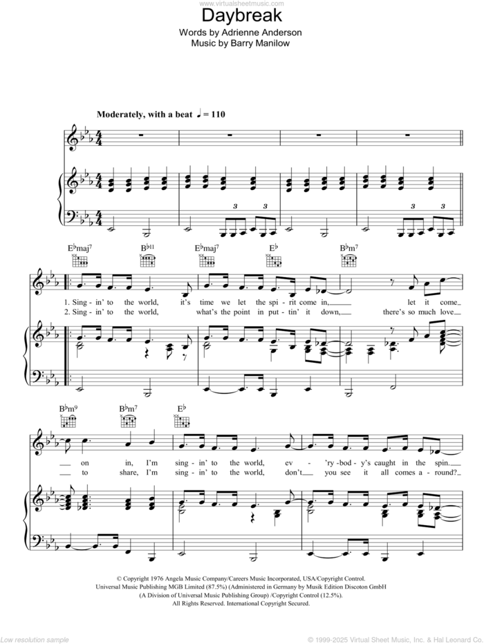 Daybreak sheet music for voice, piano or guitar by Barry Manilow and Adrienne Anderson, intermediate skill level