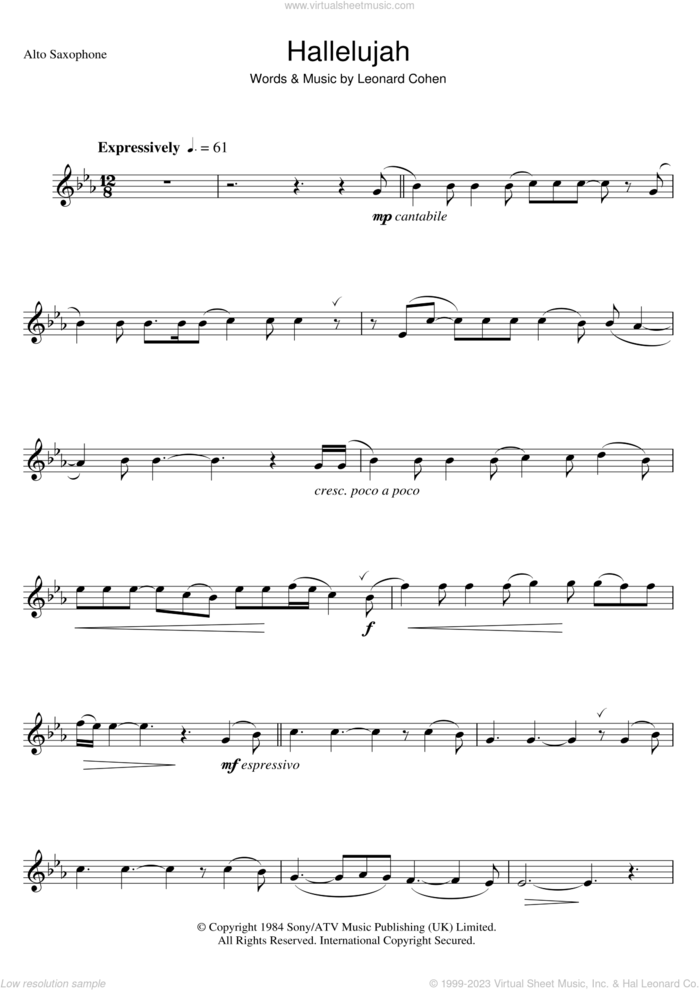Hallelujah sheet music for voice and other instruments (fake book) by Alexandra Burke and Leonard Cohen, intermediate skill level