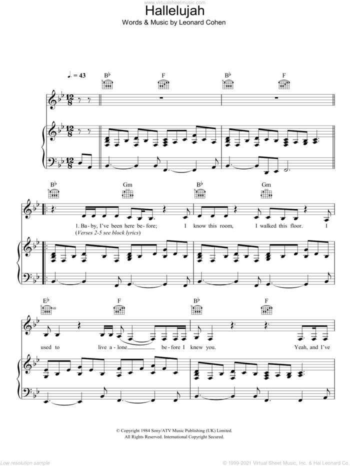 Hallelujah (live version) sheet music for voice, piano or guitar by Leonard Cohen, intermediate skill level