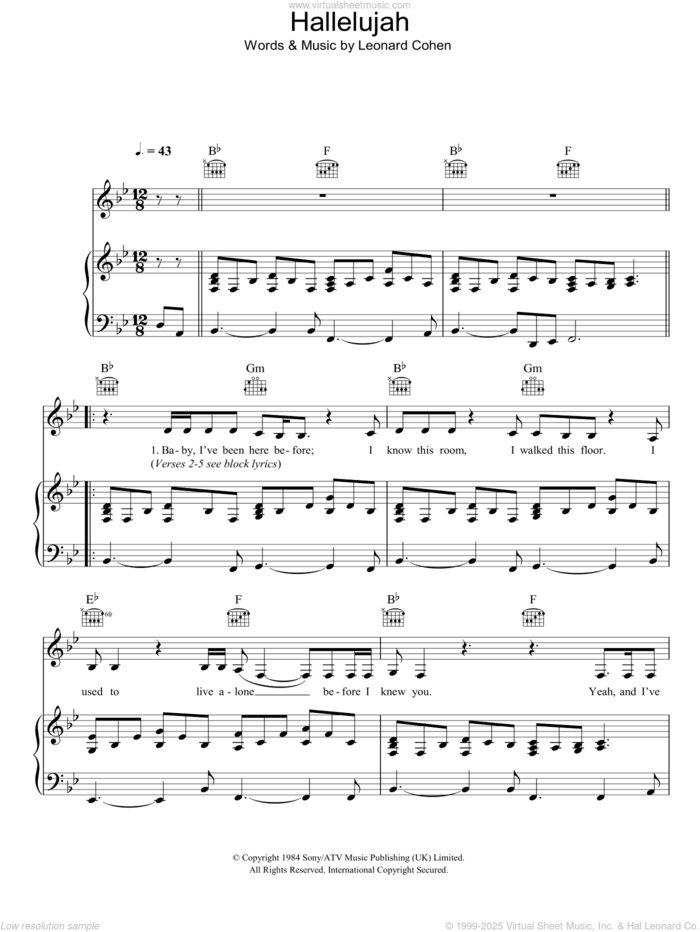 Hallelujah (live version) sheet music for voice, piano or guitar by Leonard Cohen, intermediate skill level