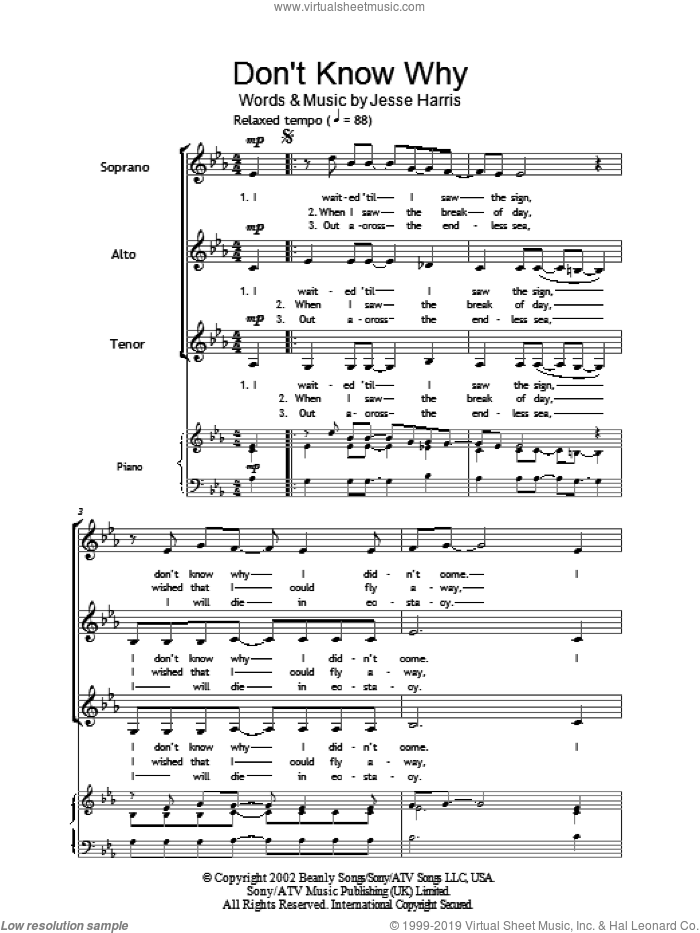 Don't Know Why sheet music for choir (SSA: soprano, alto) by Norah Jones and Jesse Harris, intermediate skill level