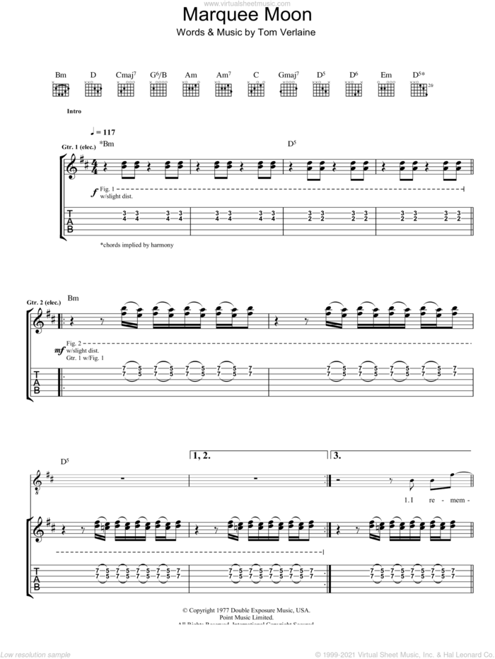 Marquee Moon sheet music for guitar (tablature) by Television and Tom Verlaine, intermediate skill level