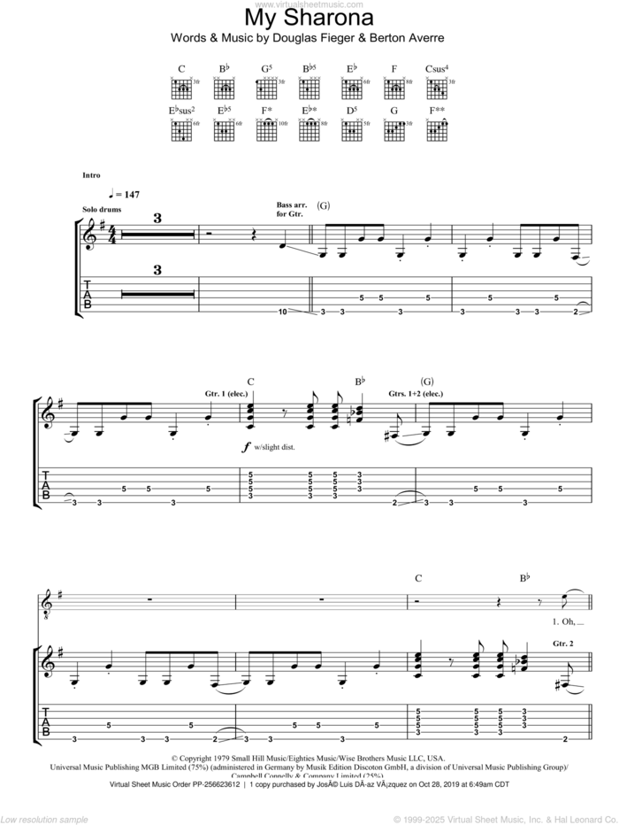 My Sharona sheet music for guitar (tablature) by The Knack, Berton Averre and Doug Fieger, intermediate skill level