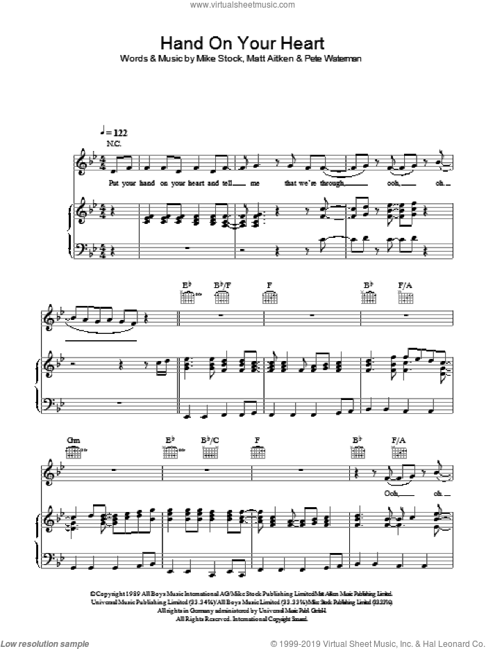 Hand On Your Heart sheet music for voice, piano or guitar by Kylie Minogue, Matt Aitken, Mike Stock and Pete Waterman, intermediate skill level