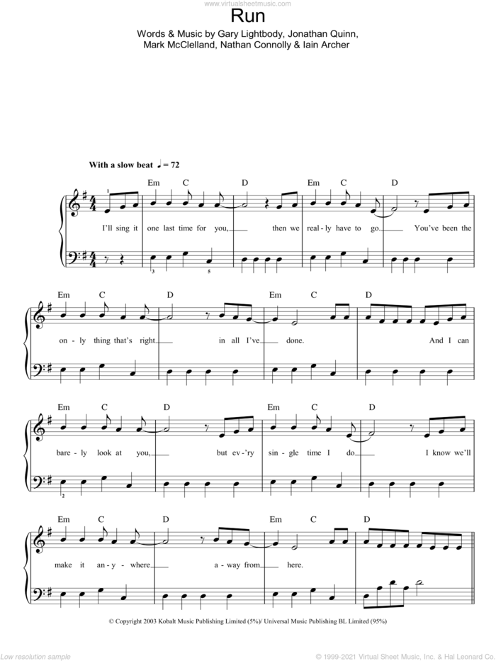 Run sheet music for piano solo by Leona Lewis, Gary Lightbody, Iain Archer, Jonathan Quinn, Mark McClelland and Nathan Connolly, easy skill level