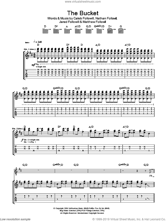 The Bucket sheet music for guitar (tablature) by Kings Of Leon, Caleb Followill, Jared Followill, Matthew Followill and Nathan Followill, intermediate skill level