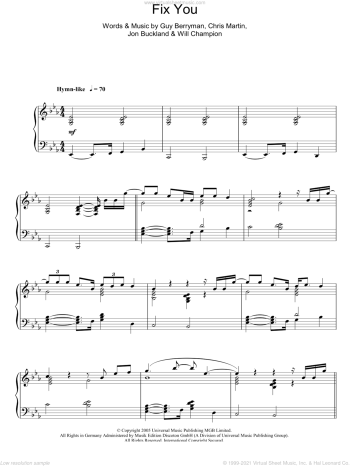 Fix You, (intermediate) sheet music for piano solo by Coldplay, Chris Martin, Guy Berryman, Jon Buckland and Will Champion, intermediate skill level