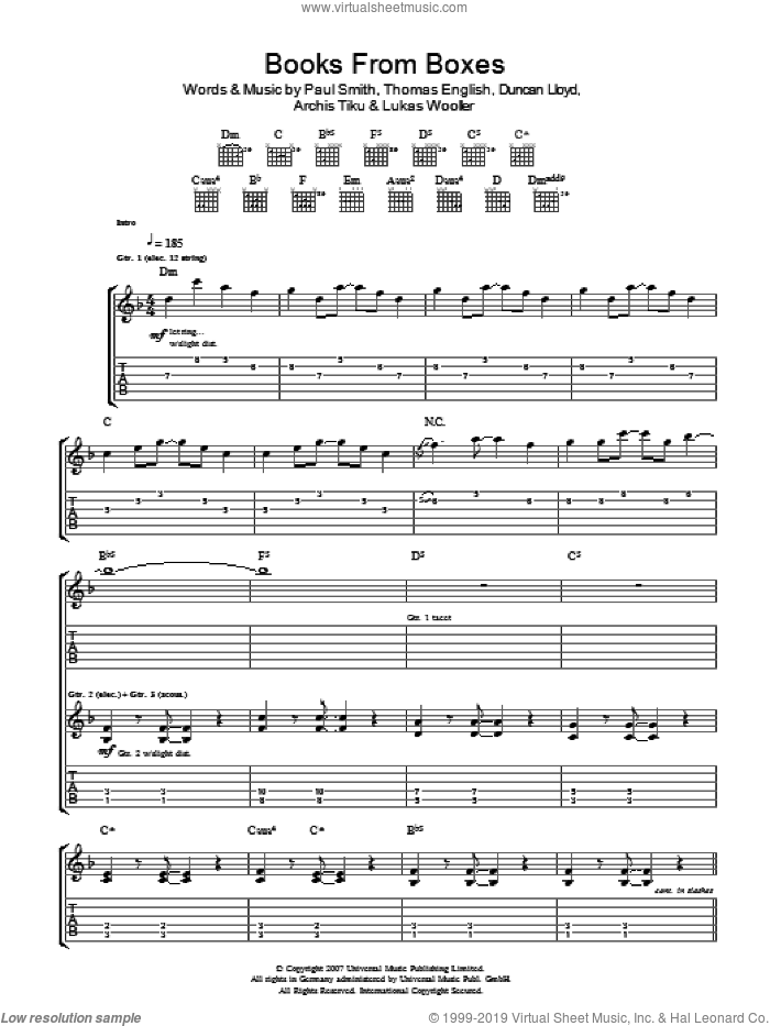 Books From Boxes sheet music for guitar (tablature) by Maximo Park, Archis Tiku, Duncan Lloyd, Lukas Wooller, Paul Smith and Thomas English, intermediate skill level