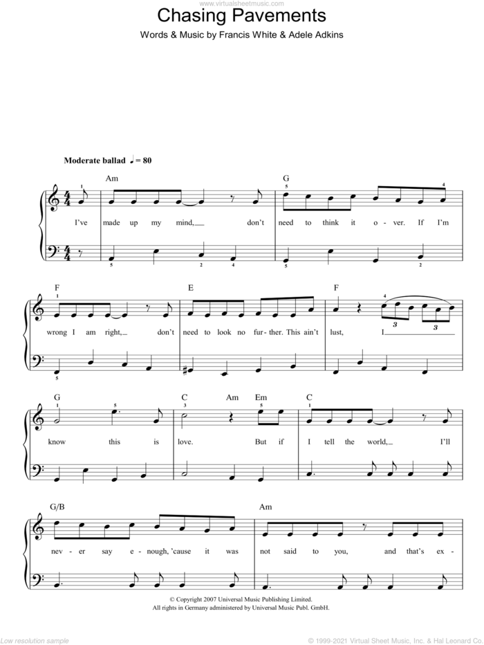 Chasing Pavements sheet music for piano solo by Adele, Adele Adkins and Francis White, easy skill level