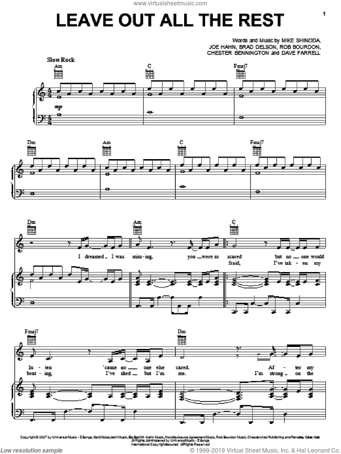 Leave Out All The Rest sheet music for voice, piano or guitar by Linkin Park, Twilight (Movie), Carter Burwell, Brad Delson, Chester Bennington, Dave Farrell, Joe Hahn, Mike Shinoda and Rob Bourdon, intermediate skill level
