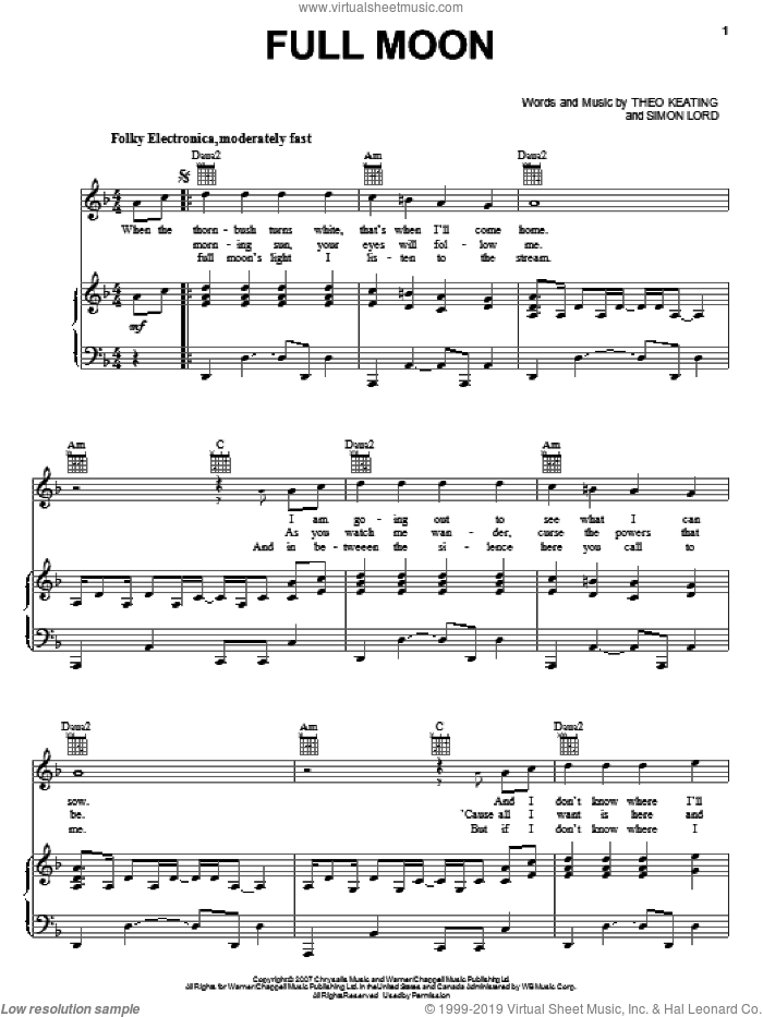 Full Moon sheet music for voice, piano or guitar by The Black Ghosts, Twilight (Movie), Simon Lord and Theo Keating, intermediate skill level