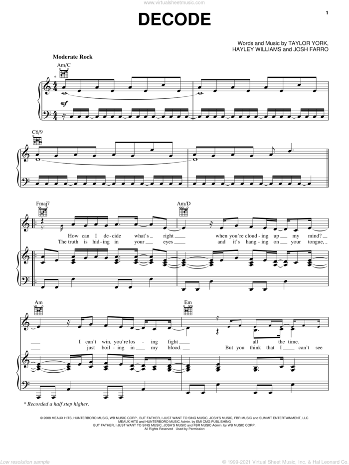 Decode sheet music for voice, piano or guitar by Paramore, Twilight (Movie), Hayley Williams, Josh Farro and Taylor York, intermediate skill level