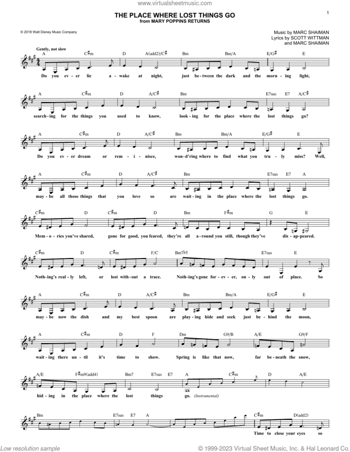 The Place Where Lost Things Go (from Mary Poppins Returns) sheet music for voice and other instruments (fake book) by Emily Blunt, Marc Shaiman and Scott Wittman, intermediate skill level