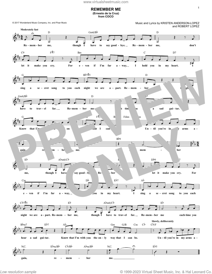 Remember Me (Ernesto de la Cruz) (from Coco) sheet music for voice and other instruments (fake book) by Robert Lopez, Kristen Anderson-Lopez and Kristen Anderson-Lopez & Robert Lopez, intermediate skill level