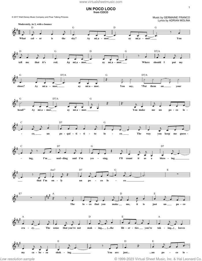 Un Poco Loco (from Coco) sheet music for voice and other instruments (fake book) by Germaine Franco, Adrian Molina and Germaine Franco & Adrian Molina, intermediate skill level