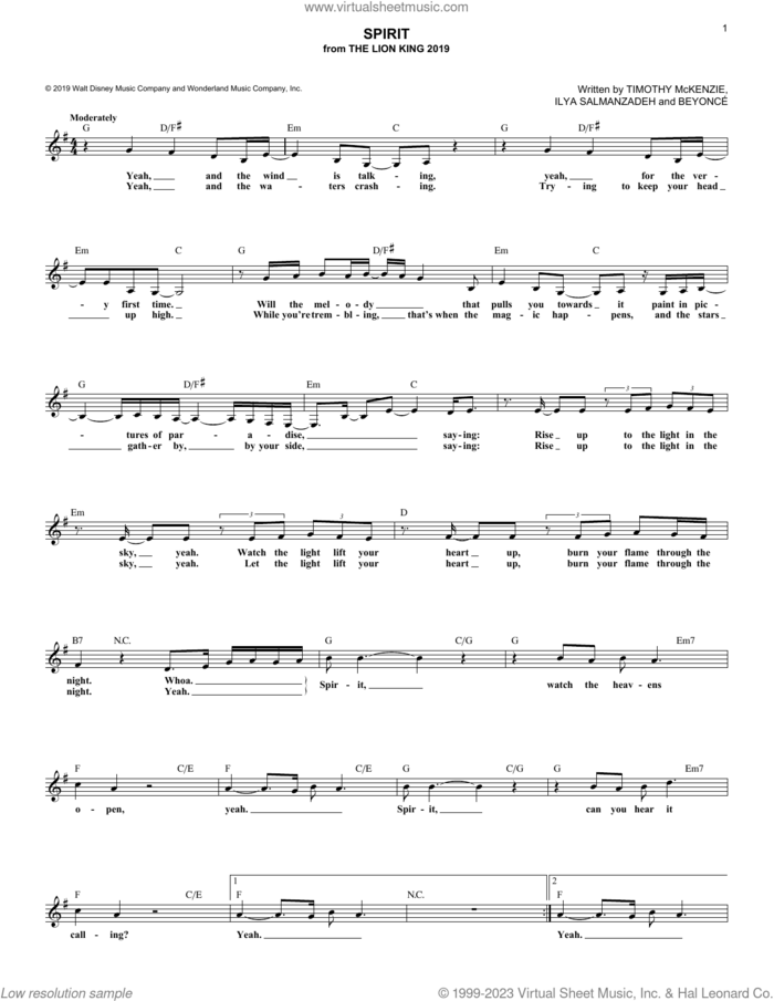 Spirit (from The Lion King) (2019) sheet music for voice and other instruments (fake book) by Beyonce, Ilya Salmanzadeh and Timothy McKenzie, intermediate skill level