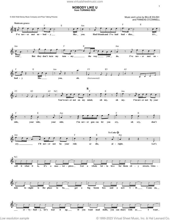 Nobody Like U (from Turning Red) sheet music for voice and other instruments (fake book) by 4*TOWN and Billie Eilish, intermediate skill level