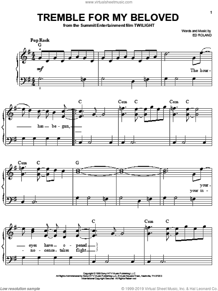 Tremble For My Beloved sheet music for piano solo by Collective Soul, Twilight (Movie) and Ed Roland, easy skill level