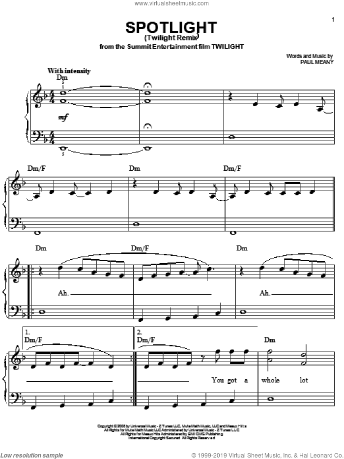 Spotlight (Twilight Remix) sheet music for piano solo by Mute Math, Twilight (Movie) and Paul Meany, easy skill level
