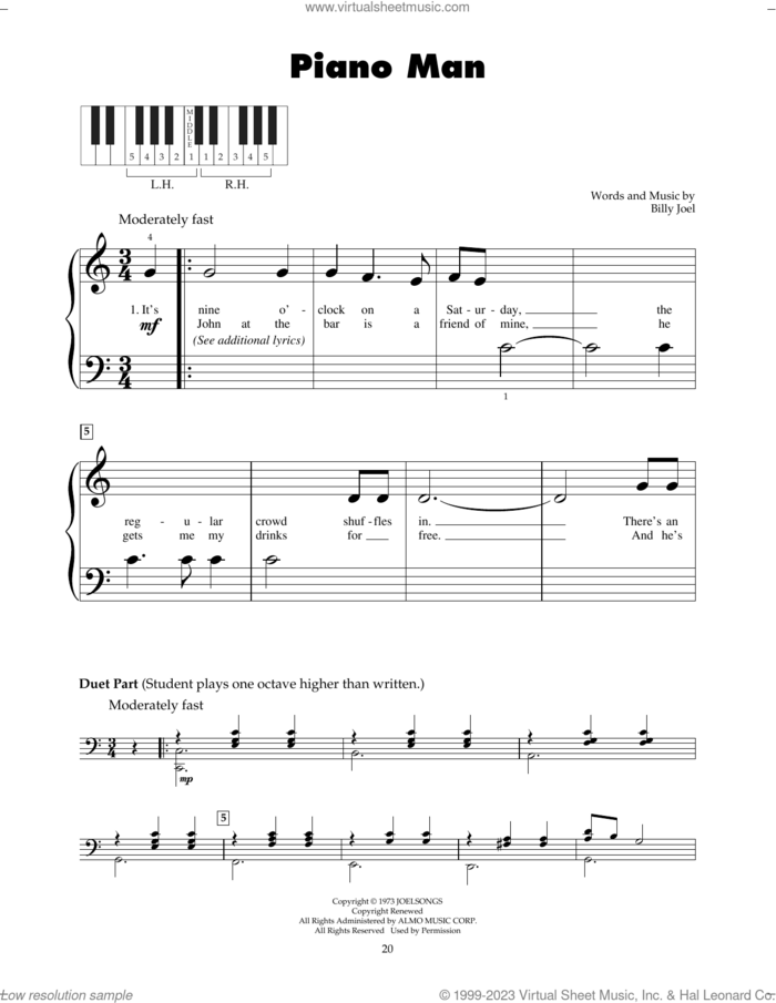 Piano Man sheet music for piano solo (5-fingers) by Billy Joel, beginner piano (5-fingers)