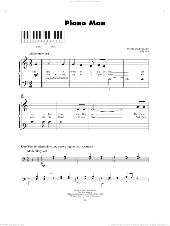 Piano Man sheet music for piano solo (5-fingers) by Billy Joel, beginner piano (5-fingers)