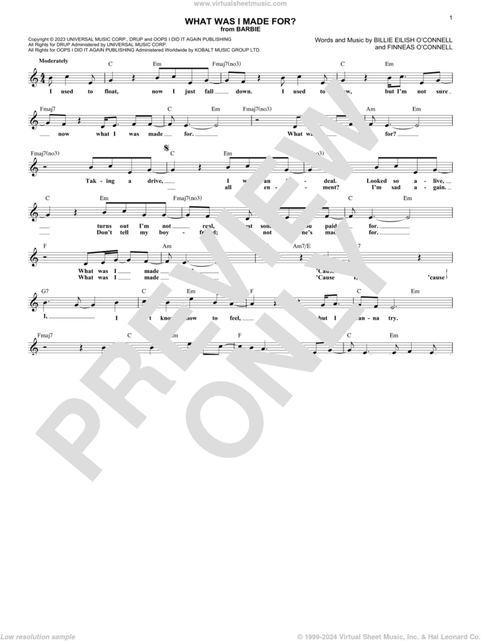 What Was I Made For? (from Barbie) sheet music for voice and other instruments (fake book) by Billie Eilish, intermediate skill level