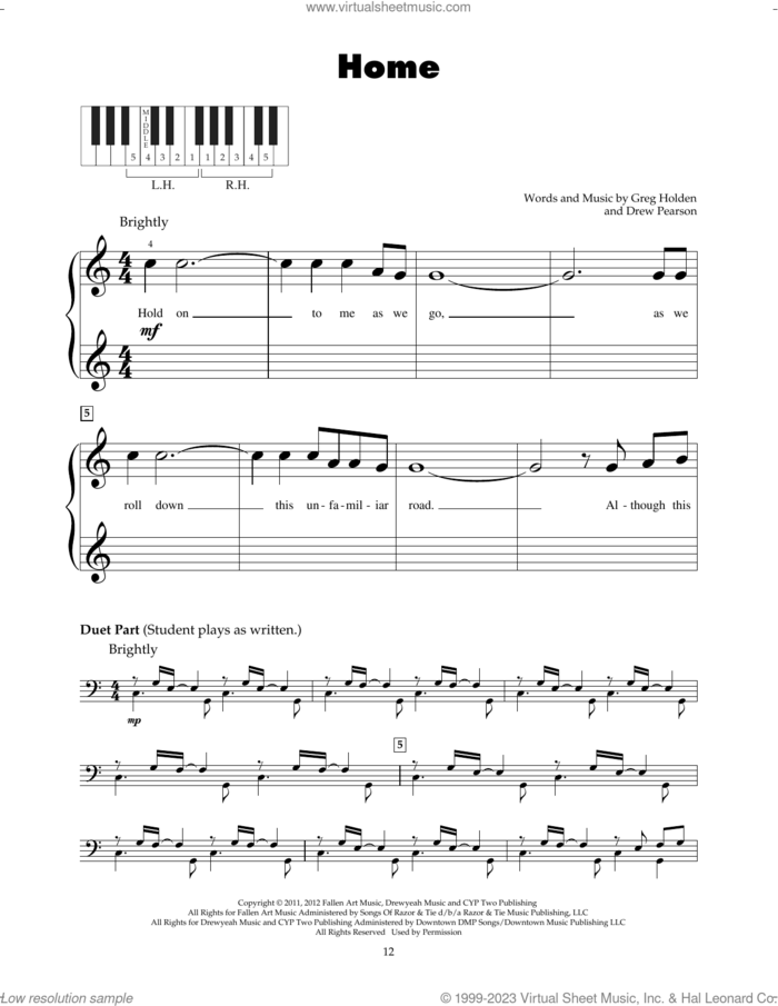 Home sheet music for piano solo (5-fingers) by Phillip Phillips, Drew Pearson and Greg Holden, beginner piano (5-fingers)