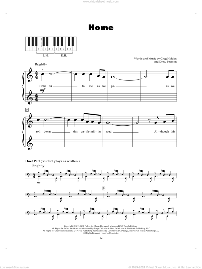 Home sheet music for piano solo (5-fingers) by Phillip Phillips, Drew Pearson and Greg Holden, beginner piano (5-fingers)