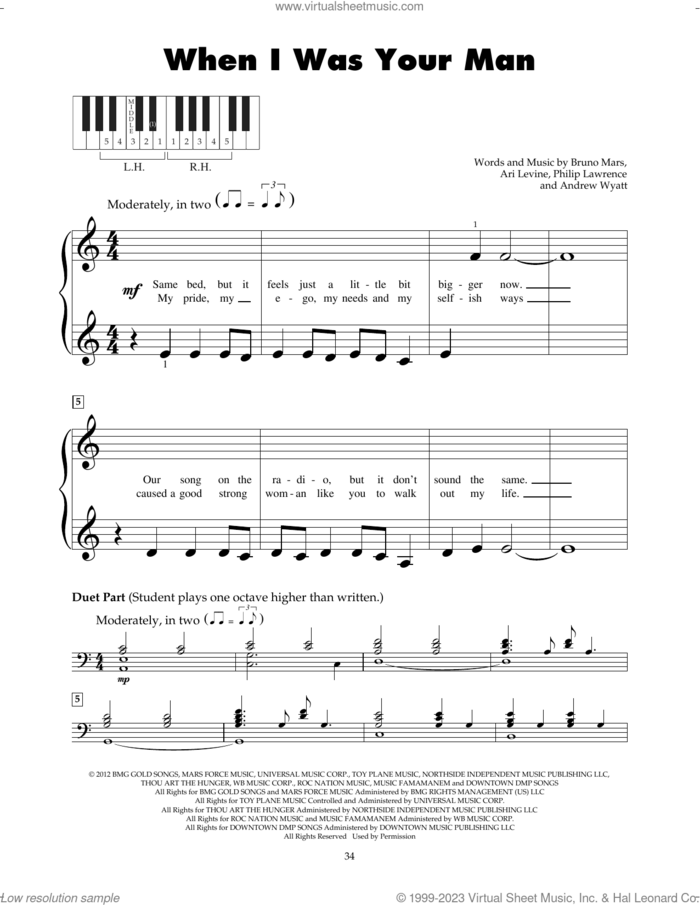 When I Was Your Man sheet music for piano solo (5-fingers) by Bruno Mars, Andrew Wyatt, Ari Levine and Philip Lawrence, beginner piano (5-fingers)