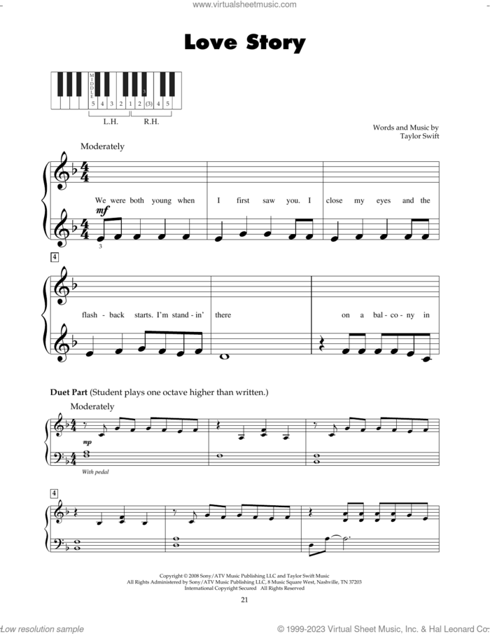 Love Story sheet music for piano solo (5-fingers) by Taylor Swift, beginner piano (5-fingers)