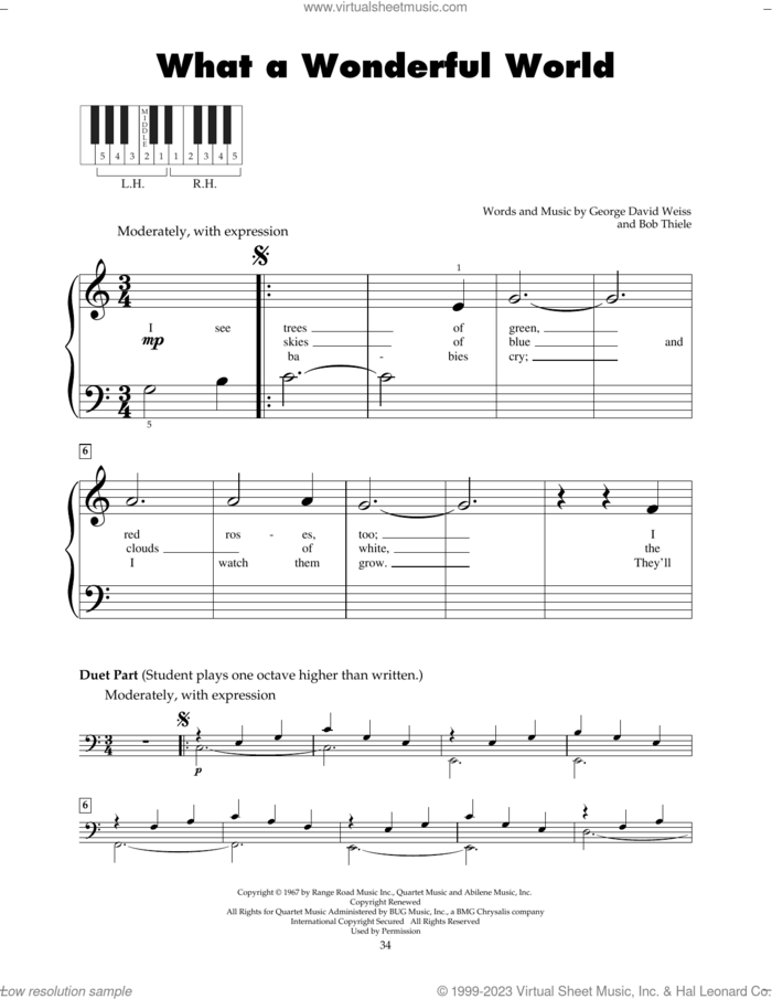 What A Wonderful World sheet music for piano solo (5-fingers) by Louis Armstrong, Bob Thiele and George David Weiss, beginner piano (5-fingers)