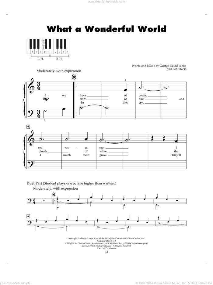 What A Wonderful World sheet music for piano solo (5-fingers) by Louis Armstrong, Bob Thiele and George David Weiss, beginner piano (5-fingers)