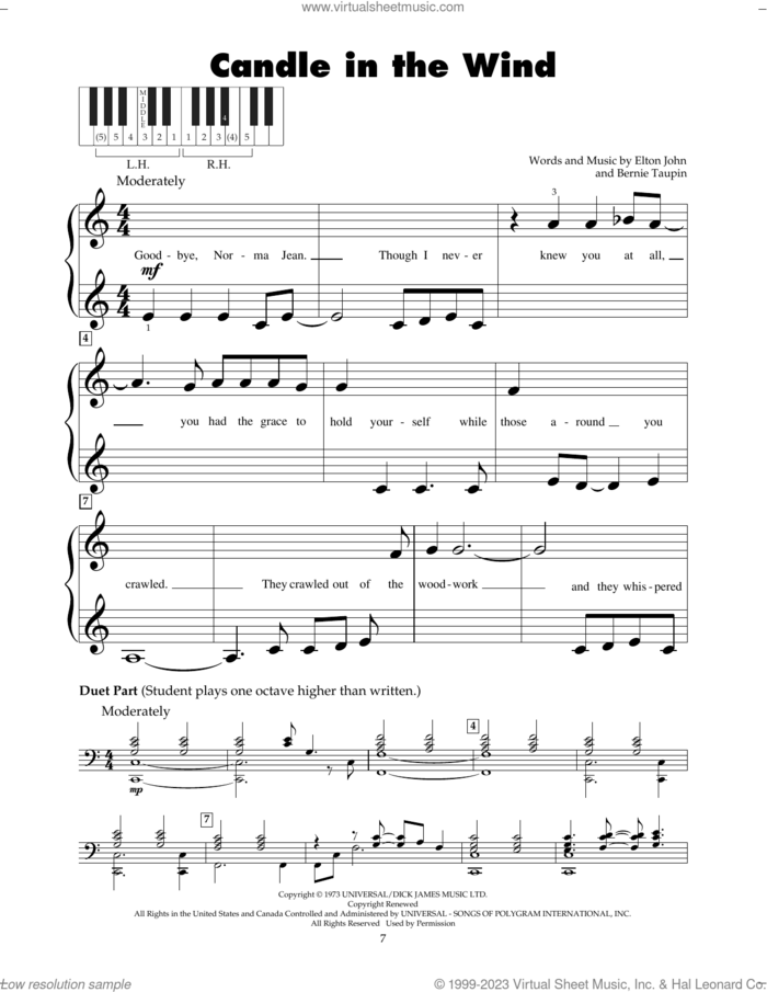 Candle In The Wind sheet music for piano solo (5-fingers) by Elton John and Bernie Taupin, beginner piano (5-fingers)