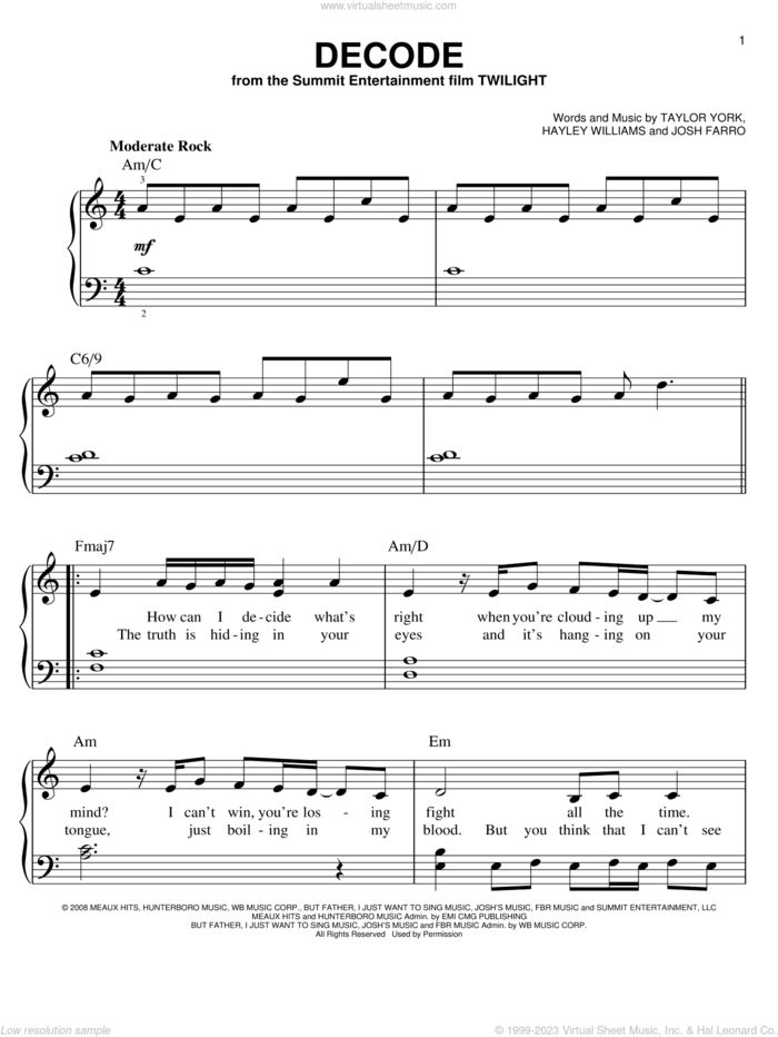Decode sheet music for piano solo by Paramore, Twilight (Movie), Hayley Williams, Josh Farro and Taylor York, easy skill level