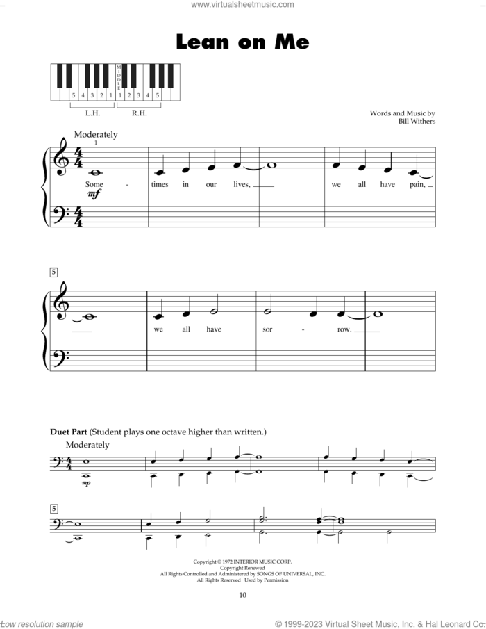 Lean On Me sheet music for piano solo (5-fingers) by Bill Withers, beginner piano (5-fingers)