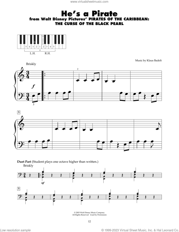 He's A Pirate (from Pirates Of The Caribbean: The Curse of the Black Pearl) sheet music for piano solo (5-fingers) by Hans Zimmer, Geoffrey Zanelli and Klaus Badelt, beginner piano (5-fingers)