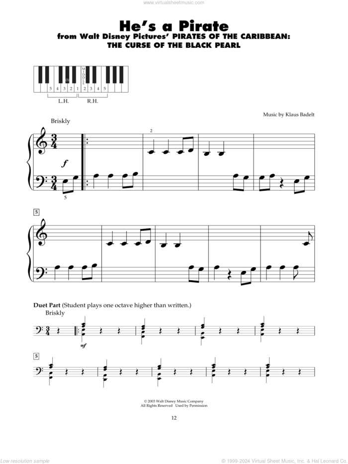 He's A Pirate (from Pirates Of The Caribbean: The Curse of the Black Pearl) sheet music for piano solo (5-fingers) by Hans Zimmer, Geoffrey Zanelli and Klaus Badelt, beginner piano (5-fingers)