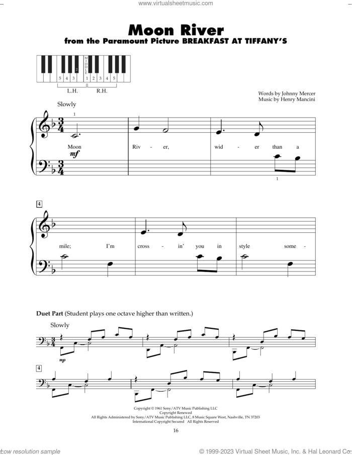 Moon River sheet music for piano solo (5-fingers) by Johnny Mercer, Andy Williams and Henry Mancini, beginner piano (5-fingers)