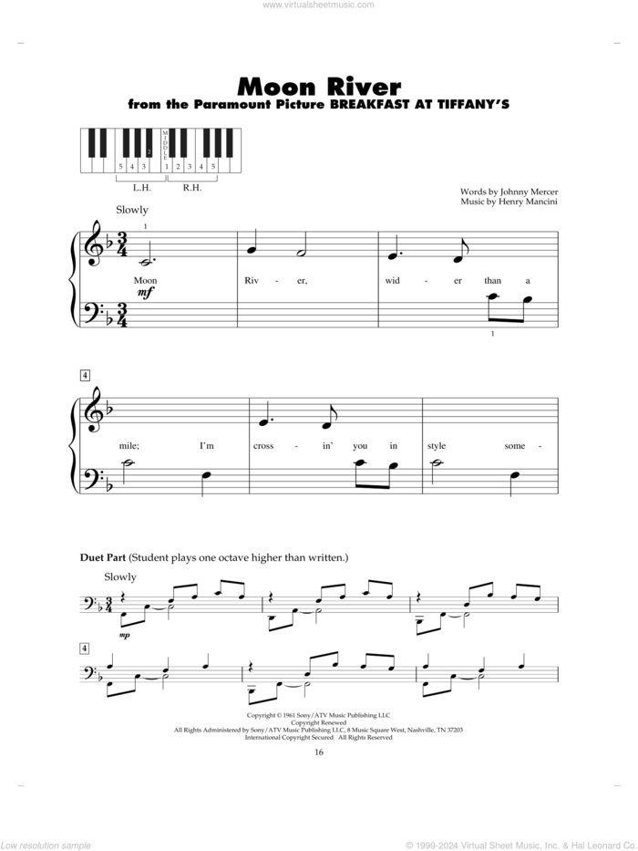 Moon River sheet music for piano solo (5-fingers) by Johnny Mercer, Andy Williams and Henry Mancini, beginner piano (5-fingers)