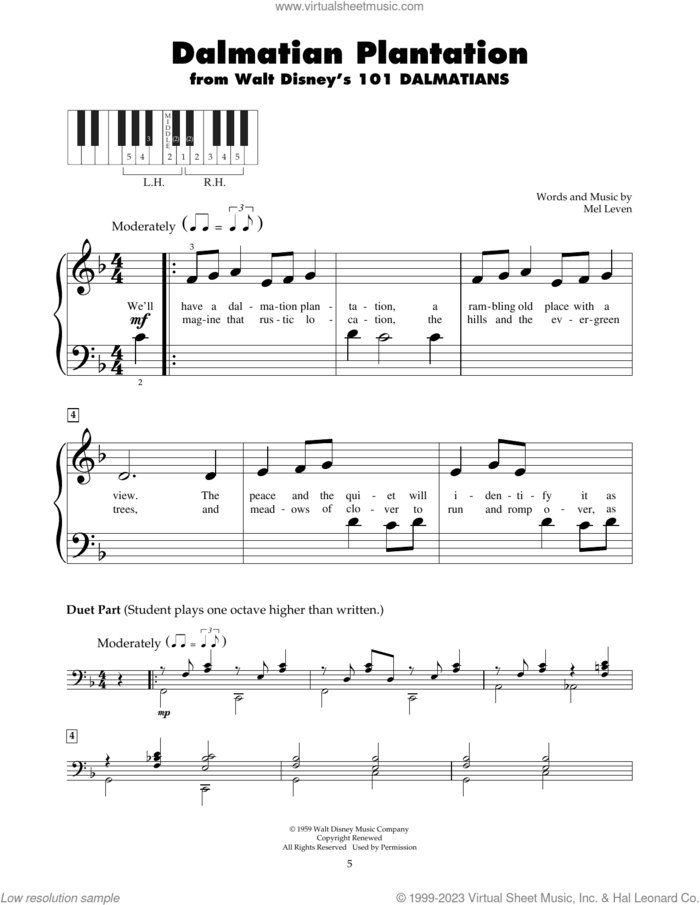 Dalmatian Plantation (from 101 Dalmatians) sheet music for piano solo (5-fingers) by Mel Leven, beginner piano (5-fingers)