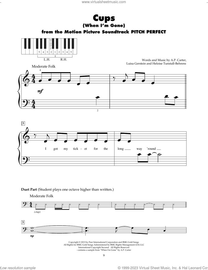 Cups (When I'm Gone) sheet music for piano solo (5-fingers) by Anna Kendrick, A.P. Carter, Heloise Tunstall-Behrens and Luisa Gerstein, beginner piano (5-fingers)