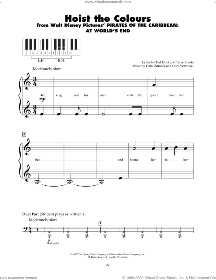 Hoist The Colours (from Pirates Of The Caribbean: At World's End) sheet music for piano solo (5-fingers) by Hans Zimmer, Gore Verbinski, Ted Elliot and Terry Rossio, beginner piano (5-fingers)