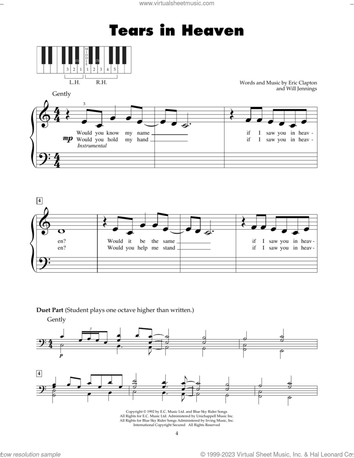 Tears In Heaven sheet music for piano solo (5-fingers) by Eric Clapton and Will Jennings, beginner piano (5-fingers)