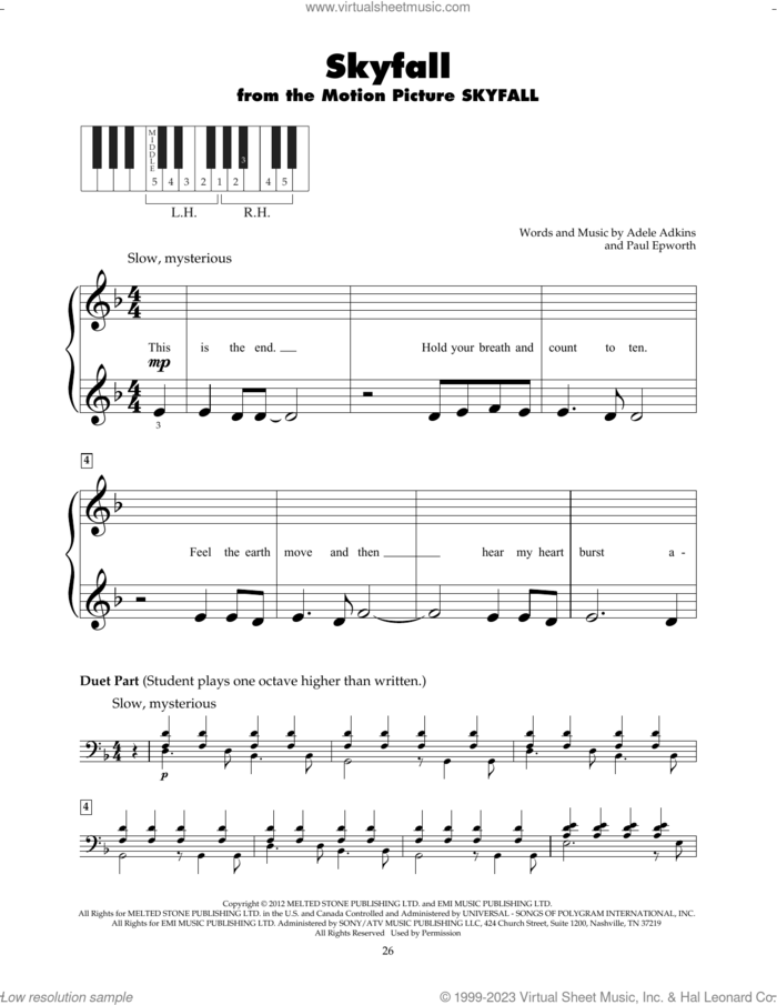 Skyfall sheet music for piano solo (5-fingers) by Adele, Adele Adkins and Paul Epworth, beginner piano (5-fingers)