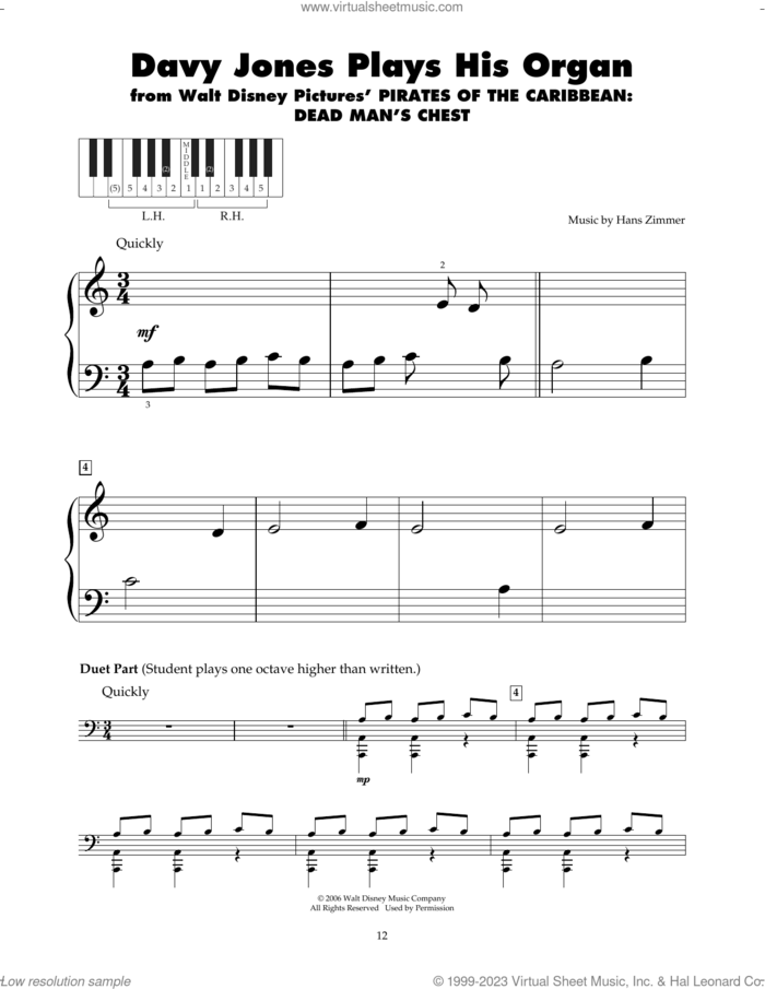 Davy Jones Plays His Organ (from Pirates Of The Caribbean: Dead Man's Chest) sheet music for piano solo (5-fingers) by Hans Zimmer, beginner piano (5-fingers)